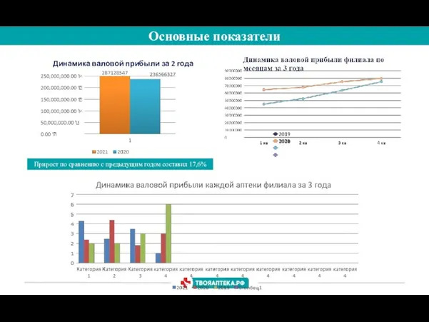 Динамика валовой прибыли за 2 года Прирост по сравнению с предыдущим годом составил 17,6% Основные показатели