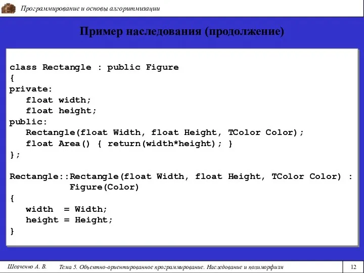 Программирование и основы алгоритмизации Тема 5. Объектно-ориентированное программирование. Наследование и полиморфизм