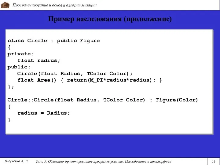 Программирование и основы алгоритмизации Тема 5. Объектно-ориентированное программирование. Наследование и полиморфизм