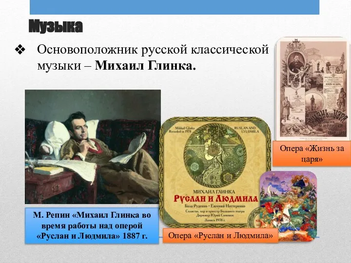 Музыка Основоположник русской классической музыки – Михаил Глинка. М. Репин «Михаил