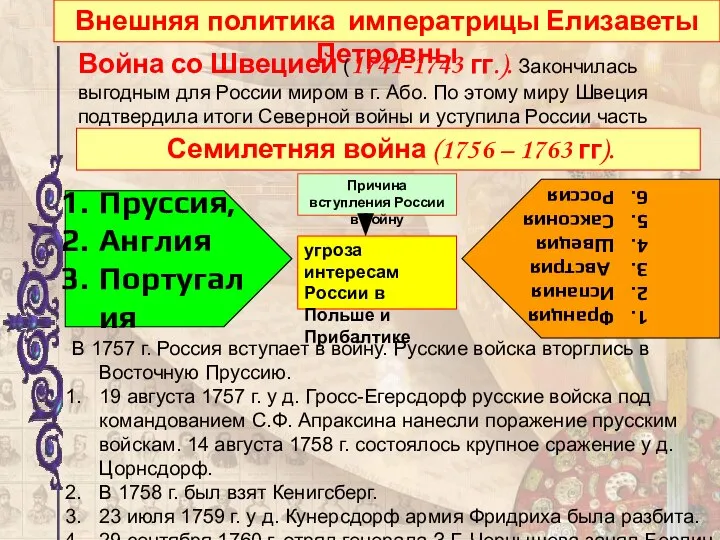 Внешняя политика императрицы Елизаветы Петровны Внешняя политика императрицы Елизаветы Петровны Война