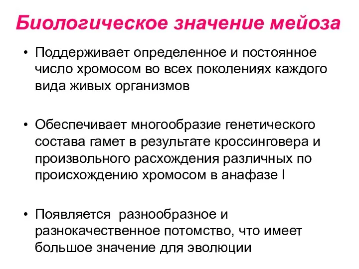 Биологическое значение мейоза Поддерживает определенное и постоянное число хромосом во всех