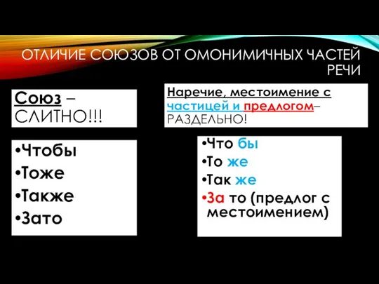 ОТЛИЧИЕ СОЮЗОВ ОТ ОМОНИМИЧНЫХ ЧАСТЕЙ РЕЧИ Союз – СЛИТНО!!! Наречие, местоимение