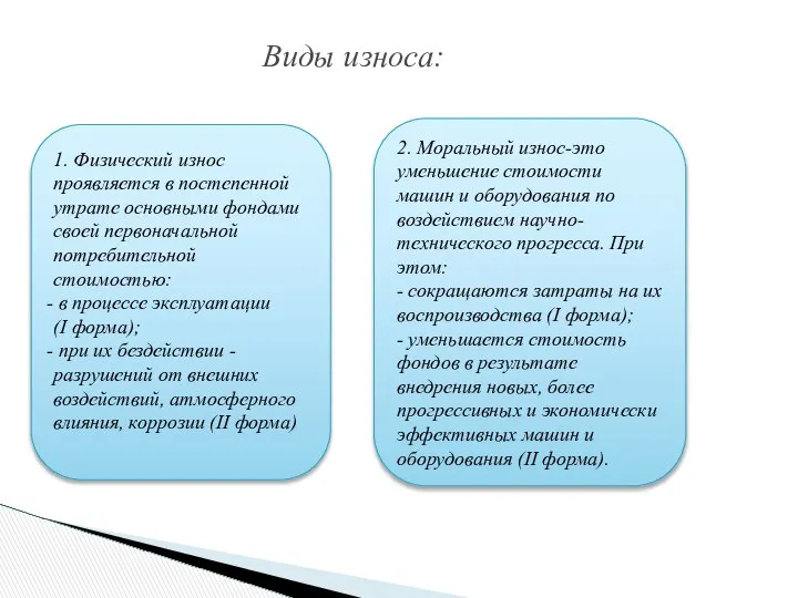 Виды износа: 1. Физический износ проявляется в постепенной утрате основными фондами