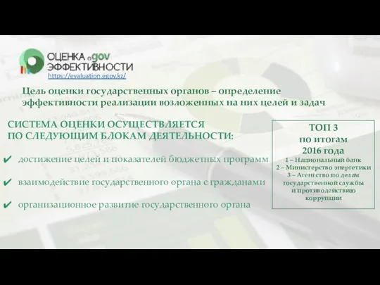 Цель оценки государственных органов – определение эффективности реализации возложенных на них