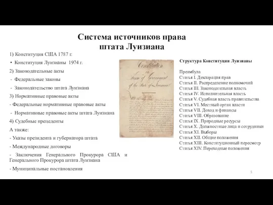 Система источников права штата Луизиана 1) Конституция США 1787 г. Конституция