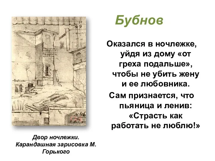 Бубнов Оказался в ночлежке, уйдя из дому «от греха подальше», чтобы