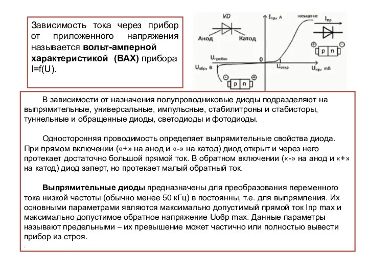 Зависимость тока через прибор от приложенного напряжения называется вольт-амперной характеристикой (ВАХ)