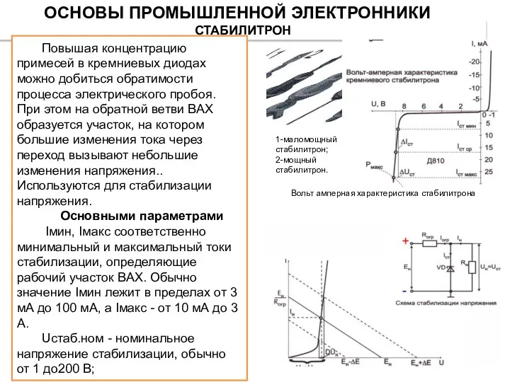 СТАБИЛИТРОН Вольт амперная характеристика стабилитрона Повышая концентрацию примесей в кремниевых диодах