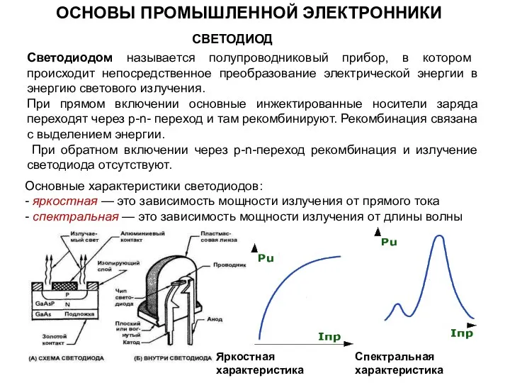 СВЕТОДИОД Светодиодом называется полупроводниковый прибор, в котором происходит непосредственное преобразование электрической