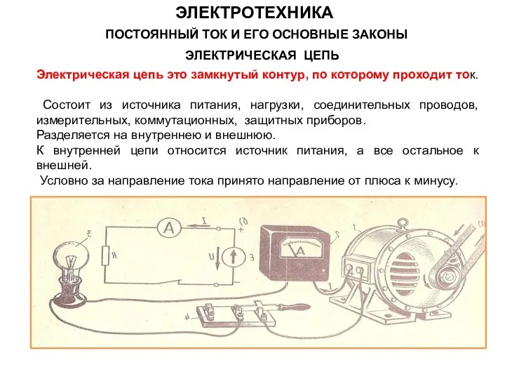 ЭЛЕКТРИЧЕСКАЯ ЦЕПЬ Электрическая цепь это замкнутый контур, по которому проходит ток.