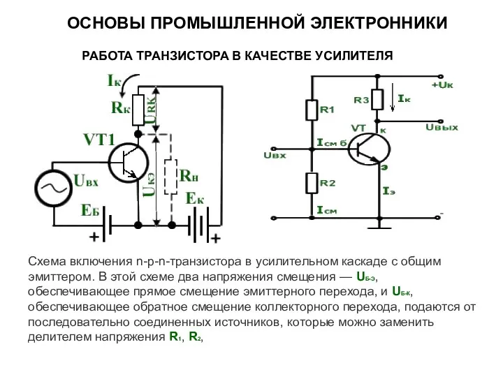 РАБОТА ТРАНЗИСТОРА В КАЧЕСТВЕ УСИЛИТЕЛЯ ОСНОВЫ ПРОМЫШЛЕННОЙ ЭЛЕКТРОННИКИ Схема включения n-p-n-транзистора