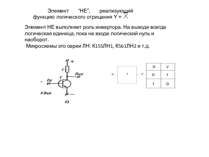 Элемент “НЕ”, реализующий функцию логического отрицания Y = Элемент НЕ выполняет