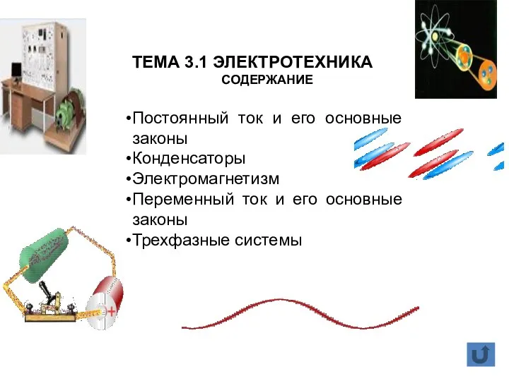 ТЕМА 3.1 ЭЛЕКТРОТЕХНИКА СОДЕРЖАНИЕ Постоянный ток и его основные законы Конденсаторы