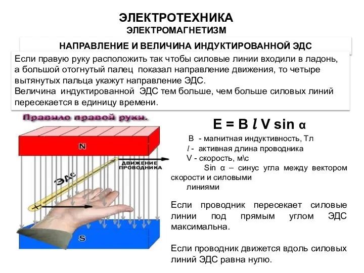 НАПРАВЛЕНИЕ И ВЕЛИЧИНА ИНДУКТИРОВАННОЙ ЭДС Если правую руку расположить так чтобы