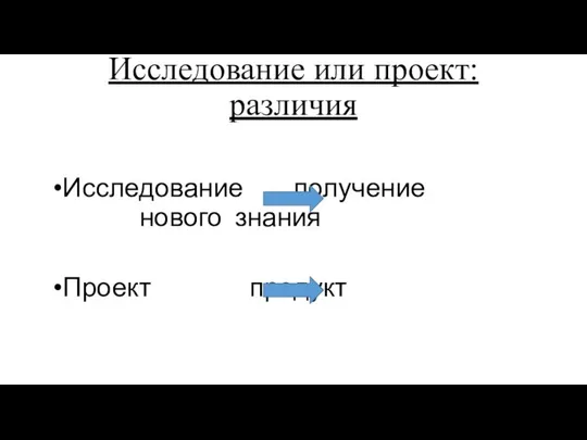 Исследование или проект: различия Исследование получение нового знания Проект продукт