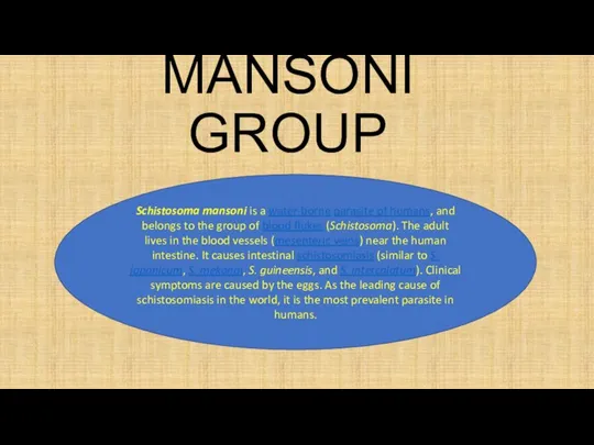 MANSONI GROUP Schistosoma mansoni is a water-borne parasite of humans, and