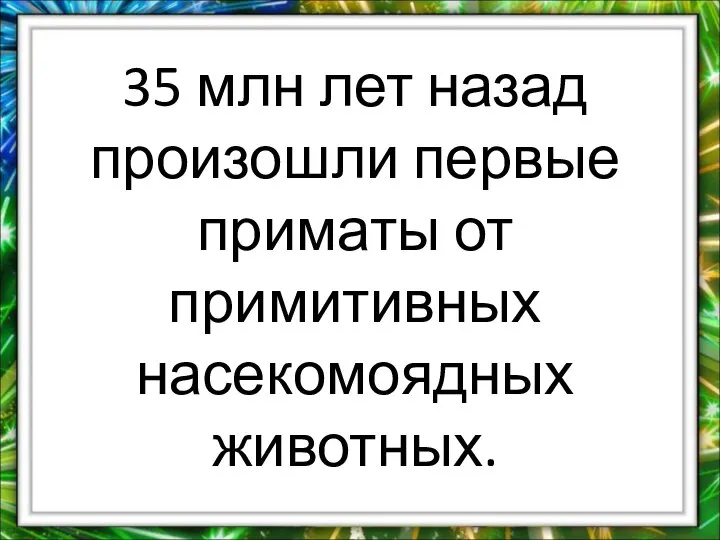 35 млн лет назад произошли первые приматы от примитивных насекомоядных животных.