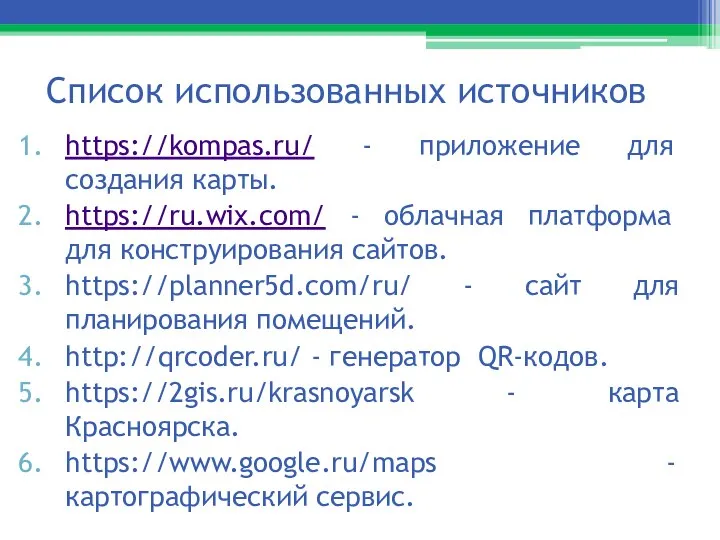 Список использованных источников https://kompas.ru/ - приложение для создания карты. https://ru.wix.com/ -