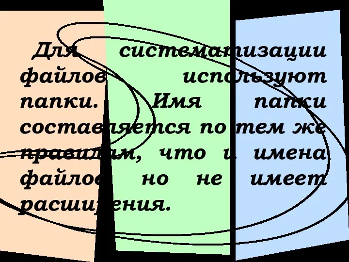 Для систематизации файлов используют папки. Имя папки составляется по тем же