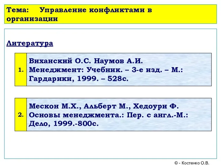 Тема: Управление конфликтами в организации Литература © - Костенко О.В.