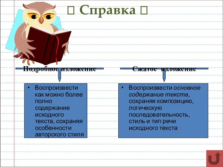 ? Справка ? Подробное изложение Воспроизвести как можно более полно содержание