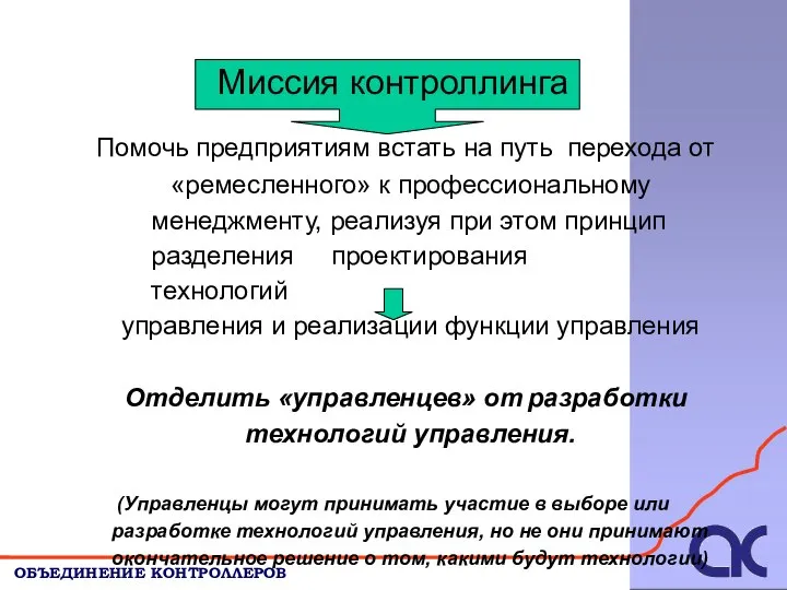 Миссия контроллинга Помочь предприятиям встать на путь перехода от «ремесленного» к