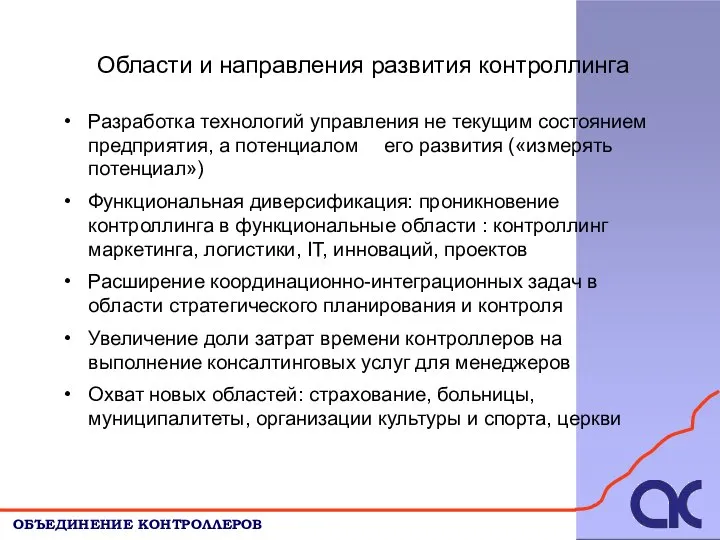 Области и направления развития контроллинга ОБЪЕДИНЕНИЕ КОНТРОЛЛЕРОВ Разработка технологий управления не