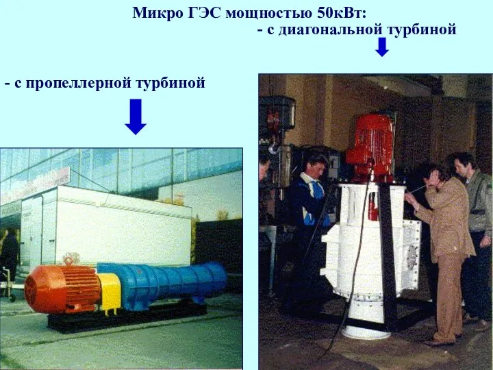 - с пропеллерной турбиной - с диагональной турбиной Микро ГЭС мощностью 50кВт: