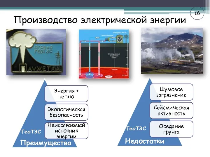 Производство электрической энергии ГеоТЭС Преимущества ГеоТЭС Недостатки 16