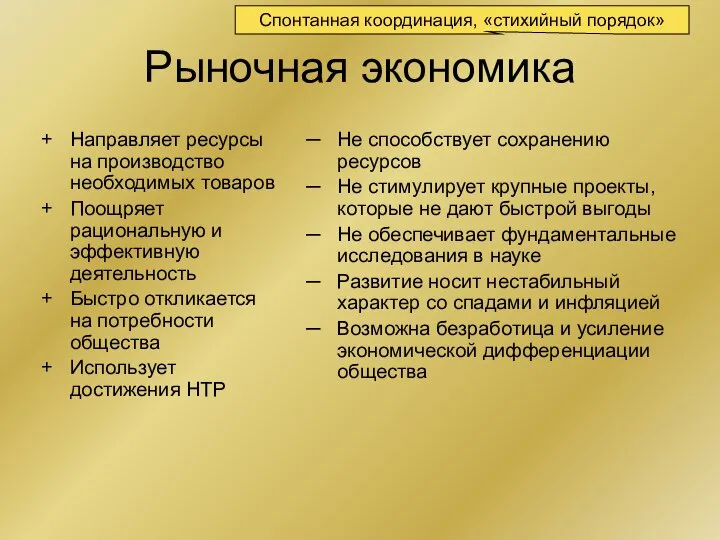 Рыночная экономика Направляет ресурсы на производство необходимых товаров Поощряет рациональную и