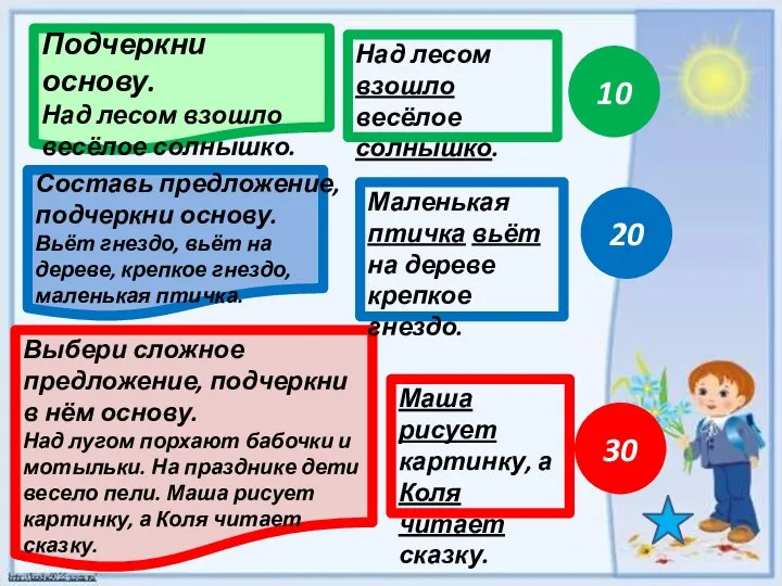 Подчеркни основу. Над лесом взошло весёлое солнышко. 10 30 20 Составь