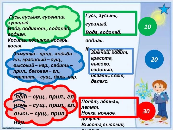 10 20 30 Зимушка – прил., ходьба – гл., красивый –