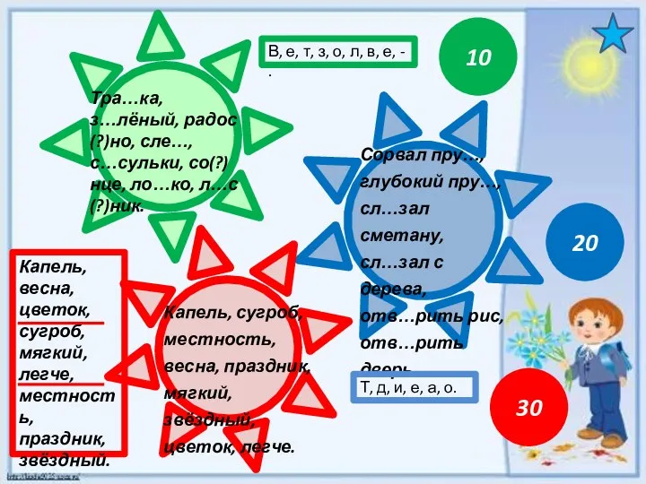 Тра…ка, з…лёный, радос(?)но, сле…, с…сульки, со(?)нце, ло…ко, л…с(?)ник. Сорвал пру…, глубокий