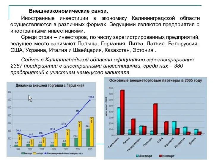 Внешнеэкономические связи. Иностранные инвестиции в экономику Калининградской области осуществляются в различных