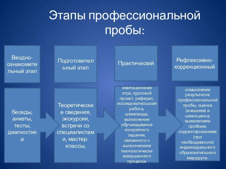 осмысление результатов профессиональной пробы, оценка (внешняя) и самооценка, выявлением проблем, корректированием