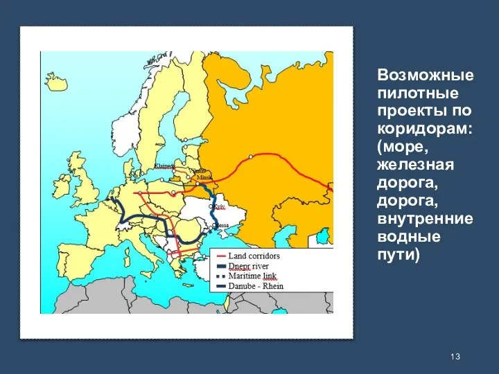 Возможные пилотные проекты по коридорам: (море, железная дорога, дорога, внутренние водные пути)