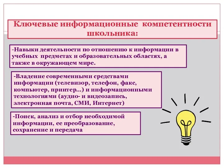 Ключевые информационные компетентности школьника: -Навыки деятельности по отношению к информации в