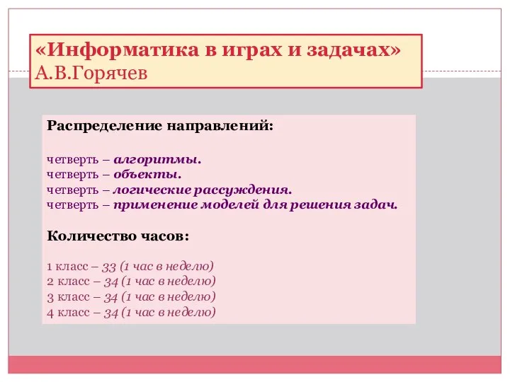 «Информатика в играх и задачах» А.В.Горячев Распределение направлений: четверть – алгоритмы.