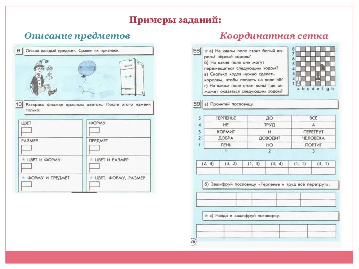 Описание предметов Координатная сетка Примеры заданий: