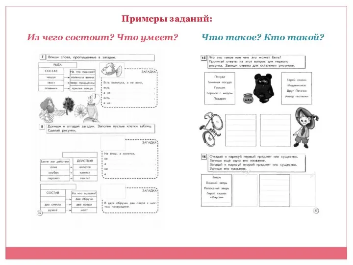 Из чего состоит? Что умеет? Что такое? Кто такой? Примеры заданий: