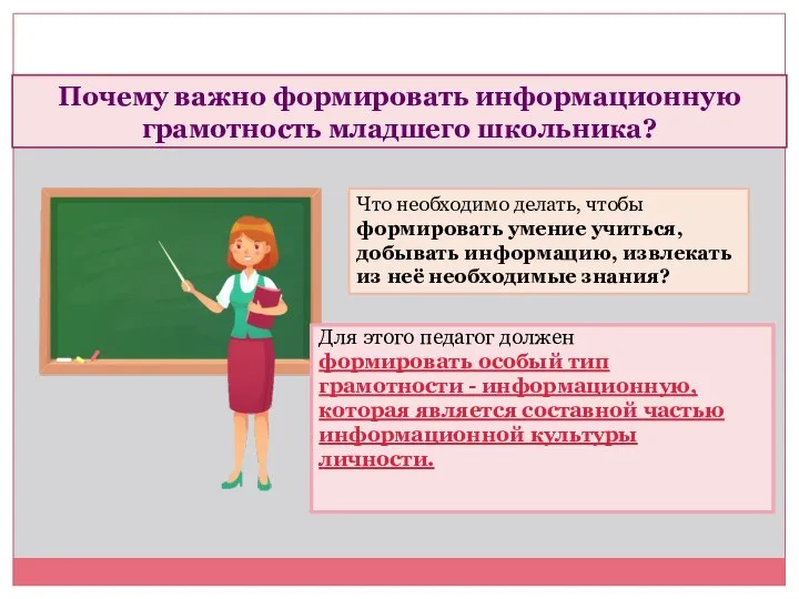 Для этого педагог должен формировать особый тип грамотности - информационную, которая