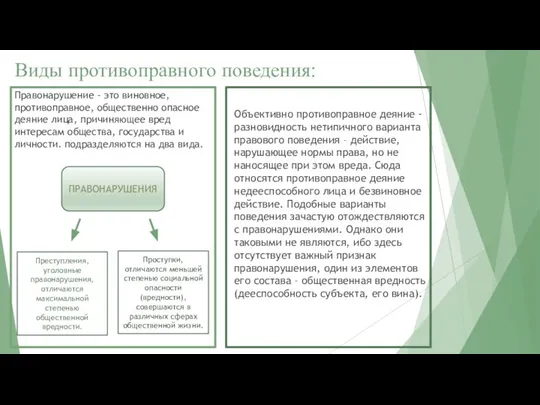 Виды противоправного поведения: Правонарушение - это виновное, противоправное, общественно опасное деяние