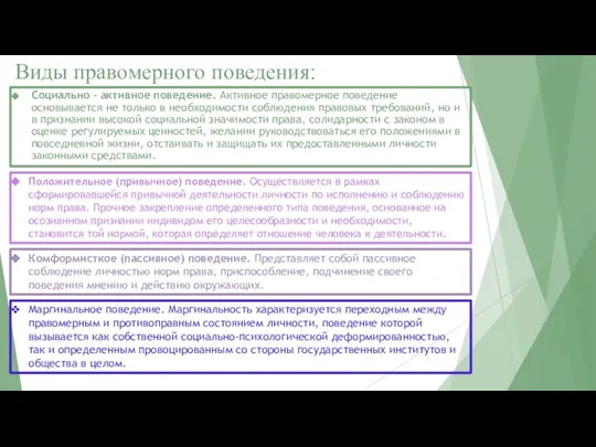 Виды правомерного поведения: Социально – активное поведение. Активное правомерное поведение основывается