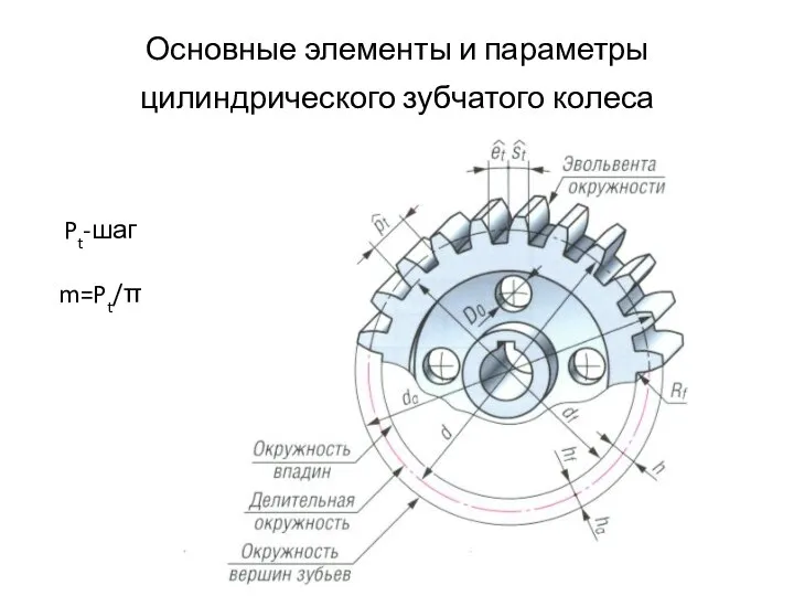 Основные элементы и параметры цилиндрического зубчатого колеса Pt-шаг m=Pt/π