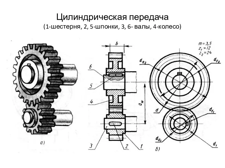 Цилиндрическая передача (1-шестерня, 2, 5-шпонки, 3, 6- валы, 4-колесо)