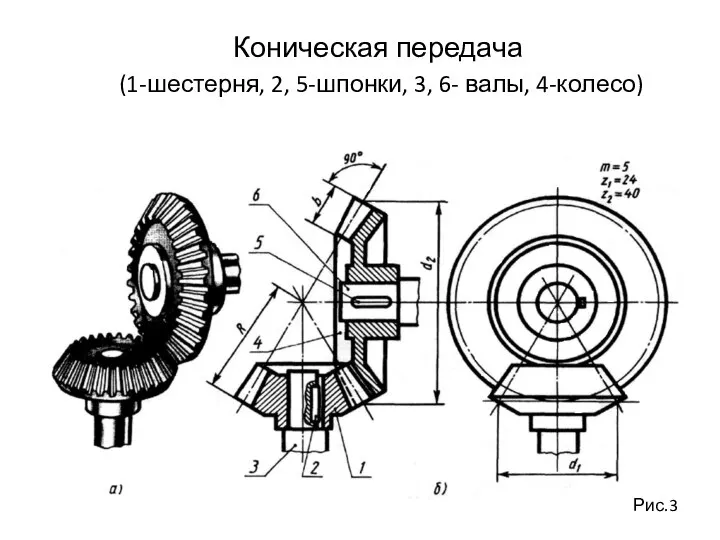 Коническая передача (1-шестерня, 2, 5-шпонки, 3, 6- валы, 4-колесо) Рис.3