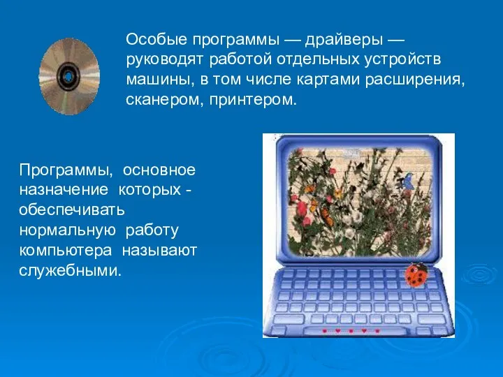 Особые программы — драйверы — руководят работой отдельных устройств машины, в