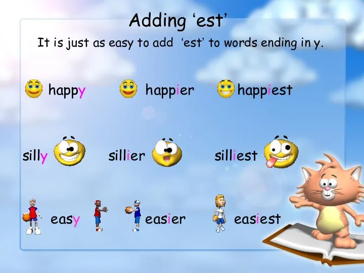 happy happier silly sillier easy easier Adding ‘est’ happiest silliest It