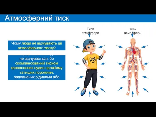 Атмосферний тиск Чому люди не відчувають дії атмосферного тиску? Атмосферний тиск